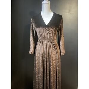 Vintage 70s Brown Crushed Velvet Maxi Hostess Dress V-Neck Empire Waist S/M